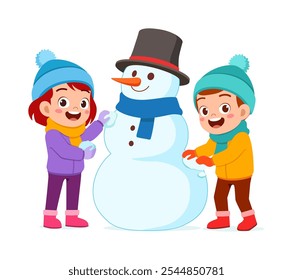 little kid build snowman with friend and feel happy