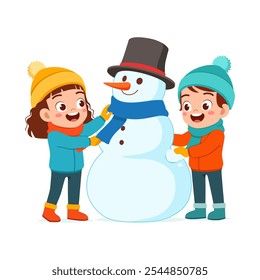 garotinho construir boneco de neve com amigo e se sentir feliz