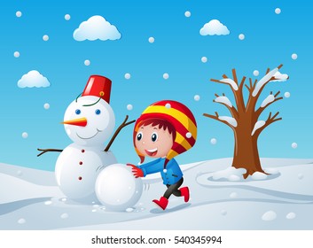 Little Kid Building Snowman In The Field Illustration