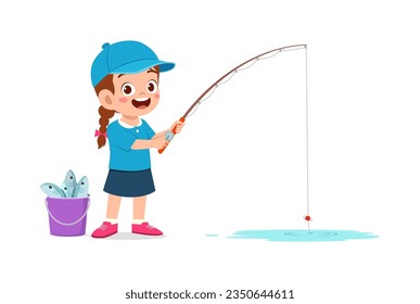 little kid catch fish with fishing rod and feel happy