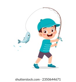 little kid catch fish with fishing rod and feel happy