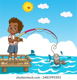 little kid catch fish with fishing rod and feel happy