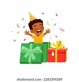 little kid celebrate birthday and playing inside big gift box