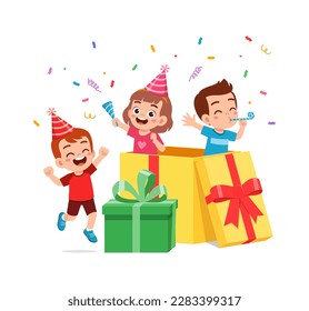 little kid celebrate birthday and playing inside big gift box