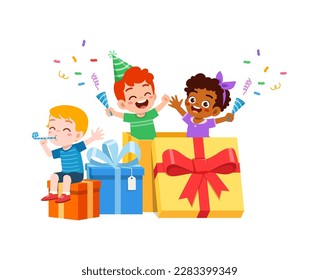 little kid celebrate birthday and playing inside big gift box