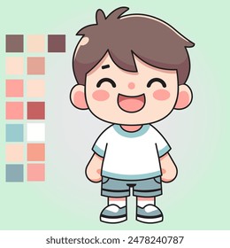 little kid character laughing happily with color samples beside him