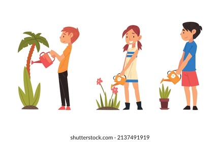 Little Kid Character Watering Plant Sprout Growing in Soil and Pot Vector Set