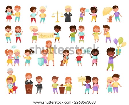 Little Kid Characters Demonstrating Fair and Truth Big Vector Set