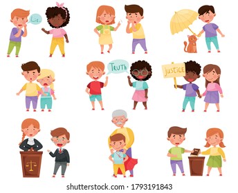 Little Kid Characters Playing Fair and Honestly Vector Illustration Set