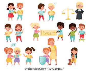 Little Kid Characters Playing Fair and Honestly Vector Illustration Set