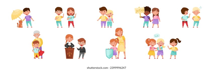 Little Kid Characters Playing Fair and Honestly Vector Illustration Set