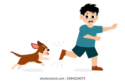 little kid chased by dog. Cute little kid running scared chased by barking dog