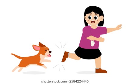 little kid chased by dog. Cute little kid running scared chased by barking dog