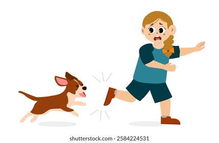 little kid chased by dog. Cute little kid running scared chased by barking dog