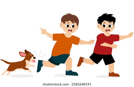 little kid chased by dog. Cute little kid running scared chased by barking dog