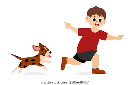 little kid chased by dog. Cute little kid running scared chased by barking dog