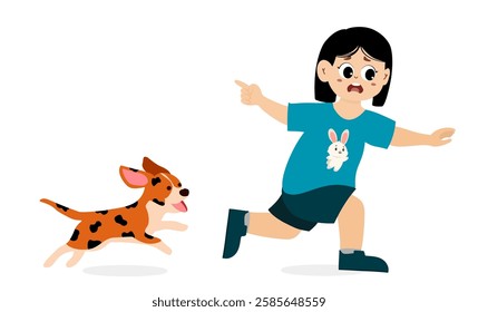 little kid chased by dog. Cute little kid running scared chased by barking dog