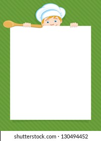 Little kid chef holding a white piece and wood spoon on the green background