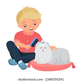 Little kid combing his dog. Fluffy family pet, child puppy friend vector cartoon illustration