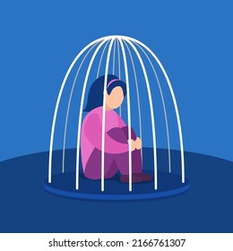 little kid confined from the outside world life. girl sit down give up imprisoned in a bird cage vector flat illustration