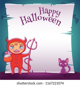 Little kid in costume of devil with black kitten. Happy Halloween party. Editable template with text space.