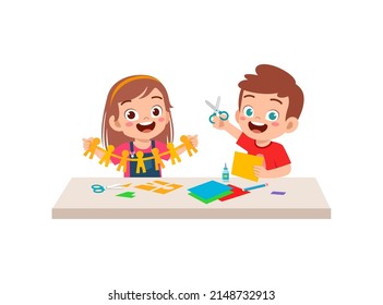 little kid cut paper for art with friend