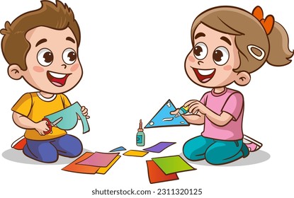 little kid cut paper for art with friend cartoon vector