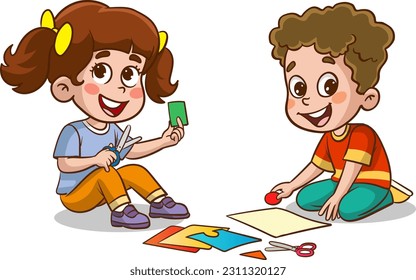 little kid cut paper for art with friend cartoon vector