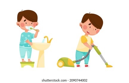 Little kid daily routine. Cute boy brushing his teeth and vacuuming floor cartoon vector illustration