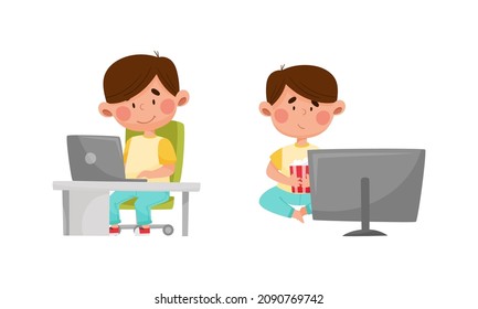 rutina diaria de niñito pequeño. Un chico lindo jugando y trabajando en la ilustración vectorial de dibujos animados por computadora