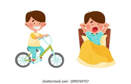 Little kid daily routine. Cute boy Cute boy riding bike and awakening up at morning cartoon vector illustration