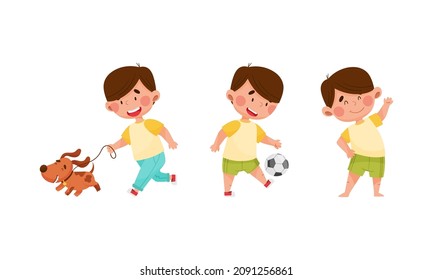 Little kid daily routine. Cute boy doing morning exercise, playing soccer and walking with dog cartoon vector illustration