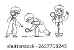 little kid detective vector. spy boy, cute search, police crime little kid detective character. people black line pencil drawing illustration