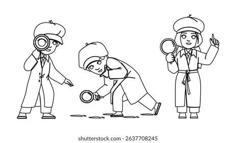 little kid detective vector. spy boy, cute search, police crime little kid detective character. people black line pencil drawing illustration