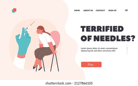 Little Kid Disease Prevention Landing Page Template. Upset Child Sit on Chair in Clinic Cabinet Afraid of Vaccination, Girl Character Look on Syringe with Needle. Cartoon People Vector Illustration