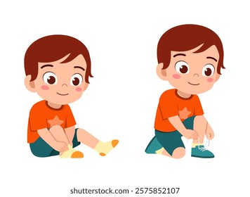 little kid do dressing process wearing shoes