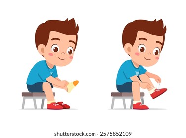 little kid do dressing process wearing shoes