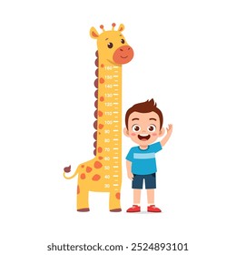 Pequeño niño hace la medida de la estatura con la Regla
