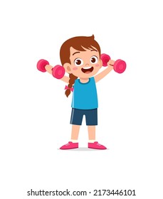 little kid do workout with lift dumbbell