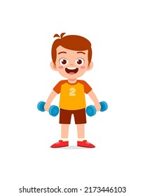 little kid do workout with lift dumbbell