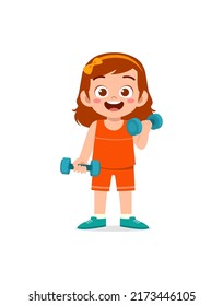 little kid do workout with lift dumbbell