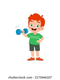 little kid do workout with lift dumbbell