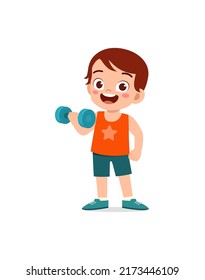 Little Kid Do Workout With Lift Dumbbell