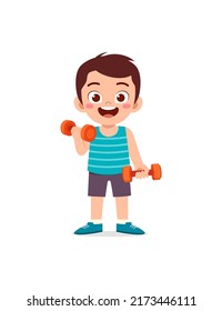 little kid do workout with lift dumbbell