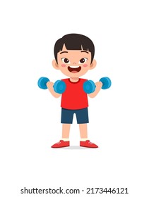 little kid do workout with lift dumbbell