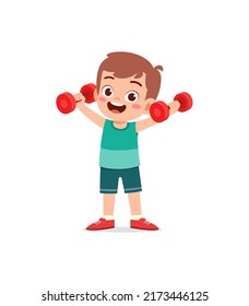 little kid do workout with lift dumbbell