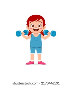 little kid do workout with lift dumbbell