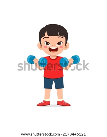little kid do workout with lift dumbbell