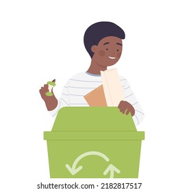 Little kid doing waste sorting. Ecology education, protective nature campaign vector illustration