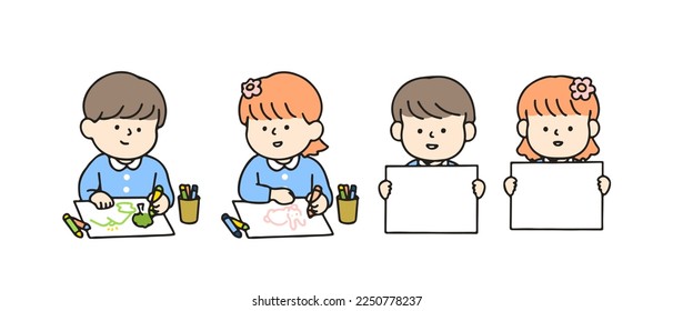 Little kid drawing and holding sign. Cute cartoon characters, Back to school concept